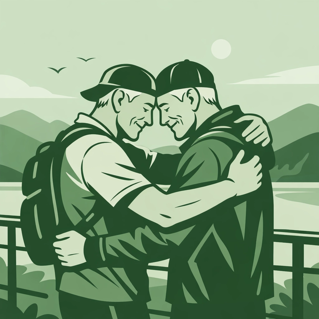Illustration of two active older men embracing at a lookout, finding freedom in their coming out journey.