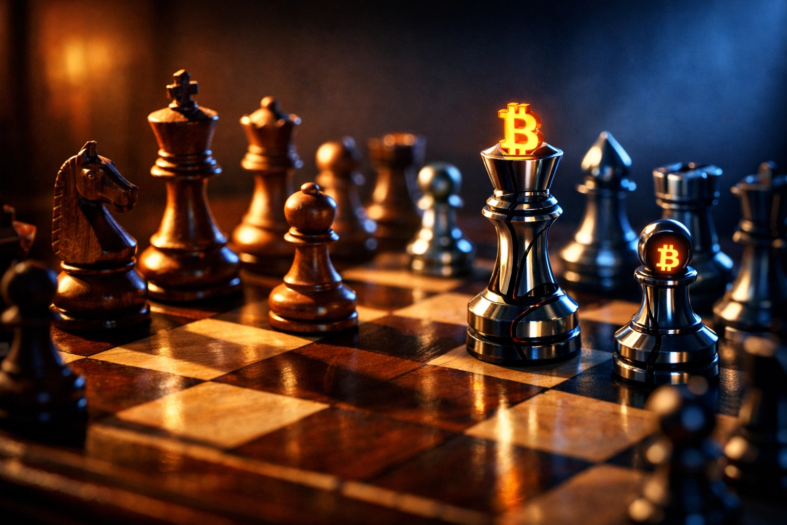 Strategic chess board representing Bitcoin and traditional investment risk management approaches