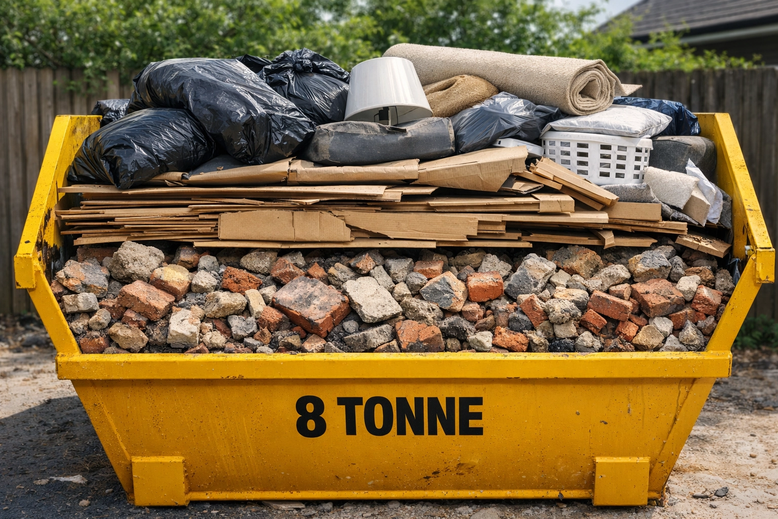 Properly loaded 8 tonne skip showing efficient layering technique with heavy materials at bottom