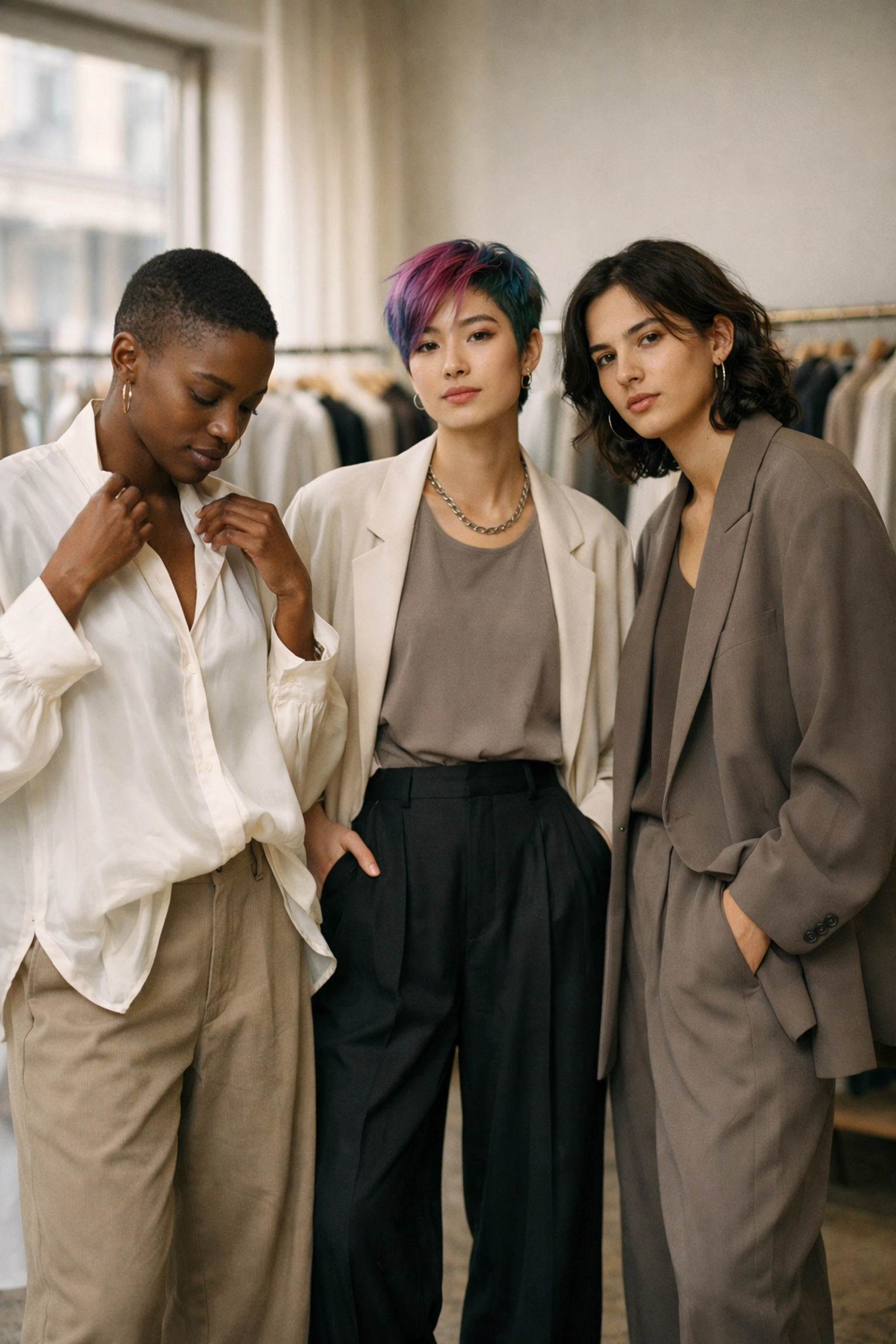 Diverse group trying on gender-fluid fashion in modern boutique with unisex clothing racks