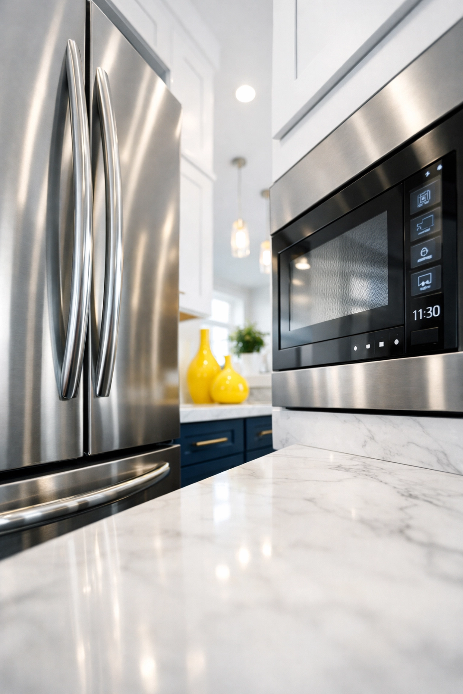 Disinfected stainless steel refrigerator handles and microwave panel in a modern clean kitchen.