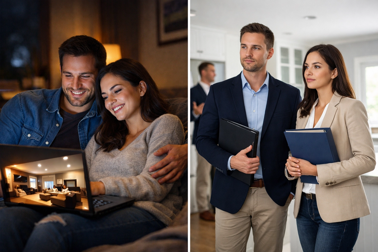 Home buyers browsing virtual tour online versus attending in-person home showing