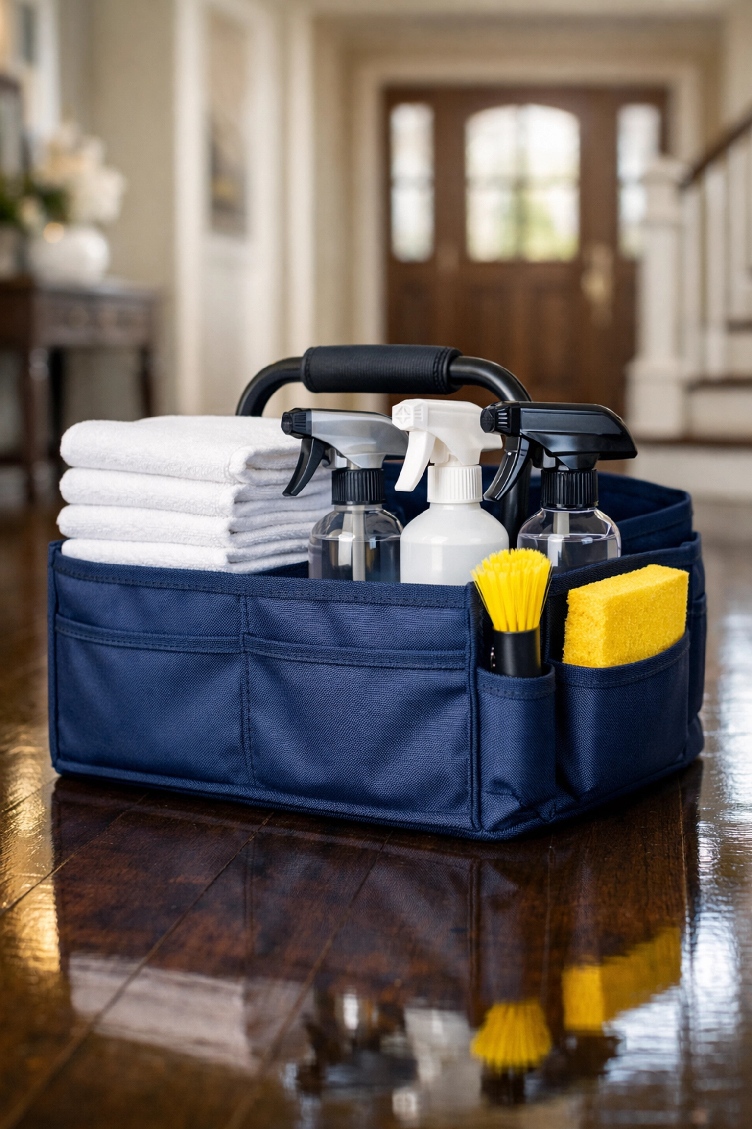 Organized professional cleaning supplies used by experts for high-quality house cleaning Shirley MA.