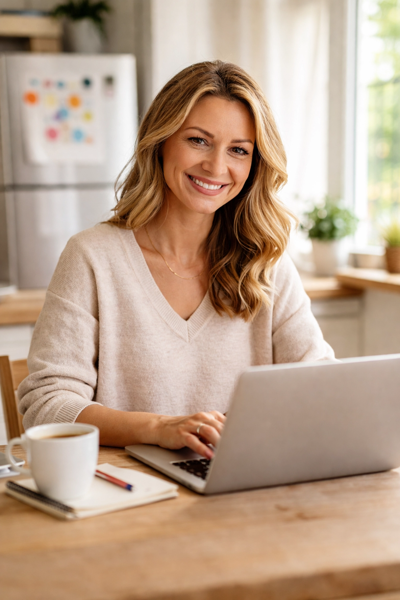 Smiling woman working from home on a laptop, showcasing flexible travel agent lifestyle