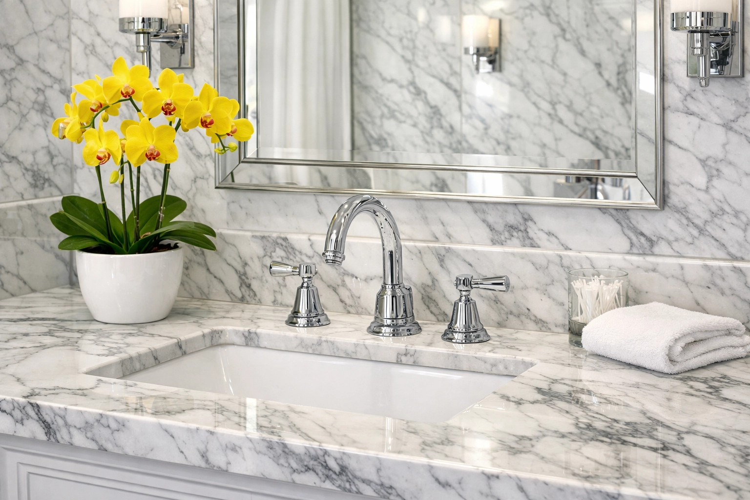 Pristine marble bathroom vanity highlighting expert stone care from a professional maid service in Cambridge.