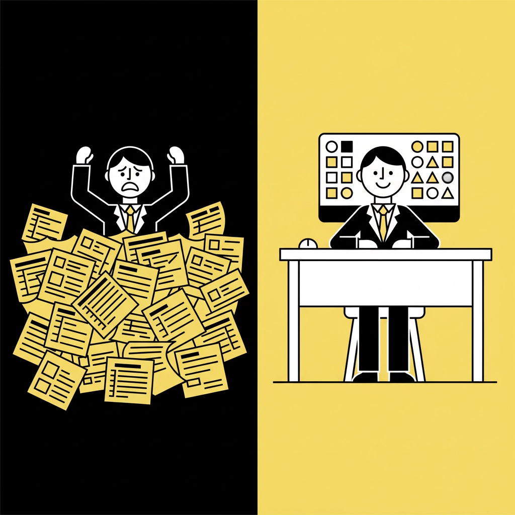 Split image: Left shows a worried person in a pile of papers on black background. Right shows a happy person sitting at a desk, organized, on yellow.