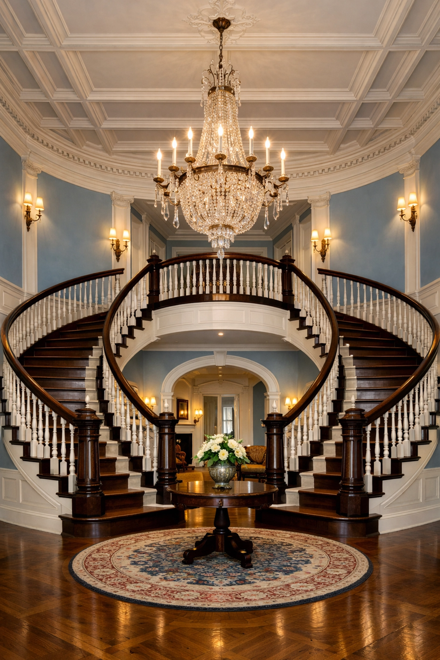 Pristine grand staircase in a Newton manor following professional luxury house cleaning in Chestnut Hill.