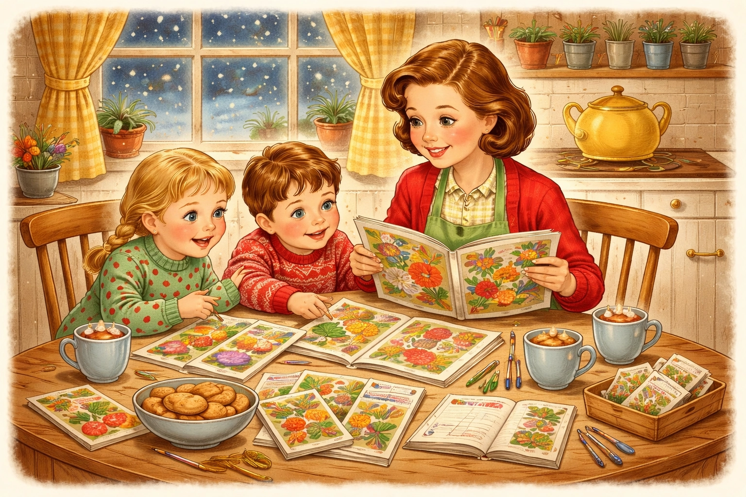 Family around a kitchen table planning their next garden with seed catalogs during winter