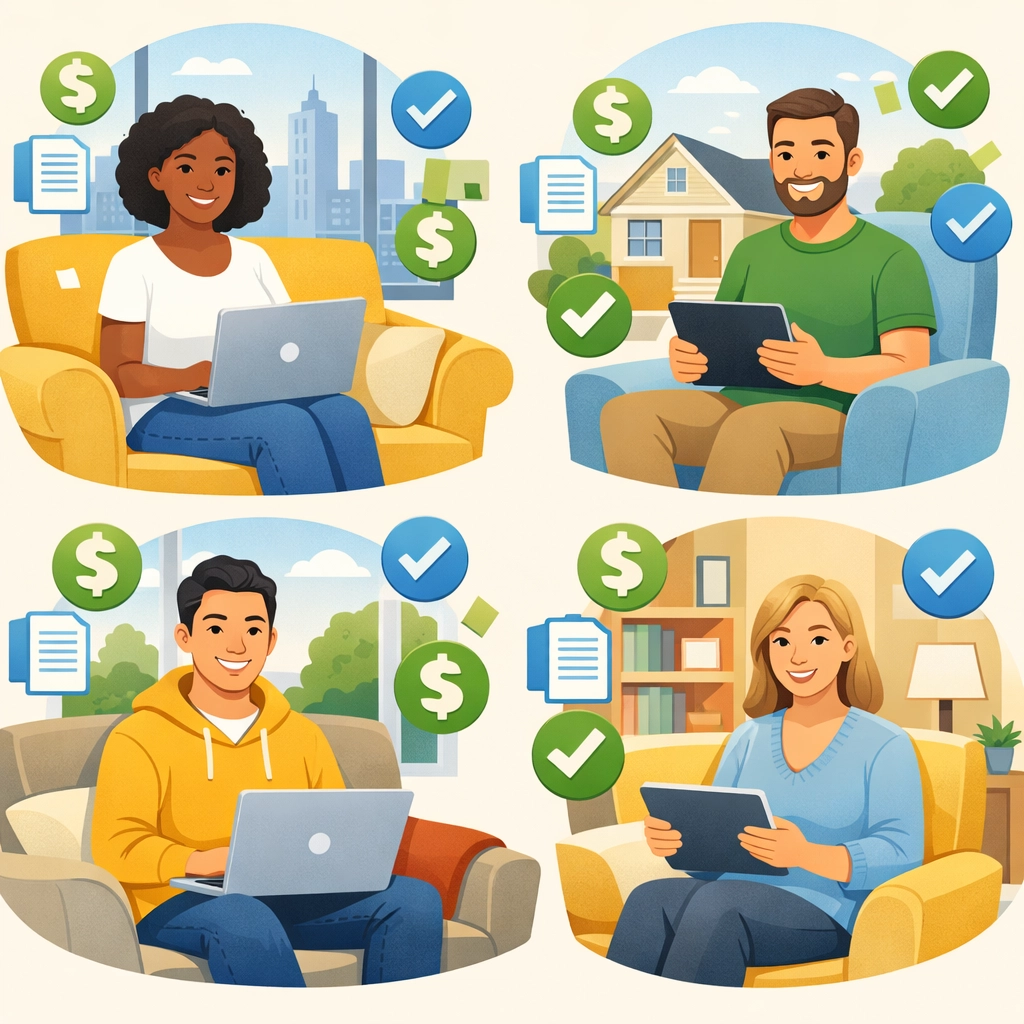 People filing taxes remotely from home using virtual tax preparation services on laptops and tablets