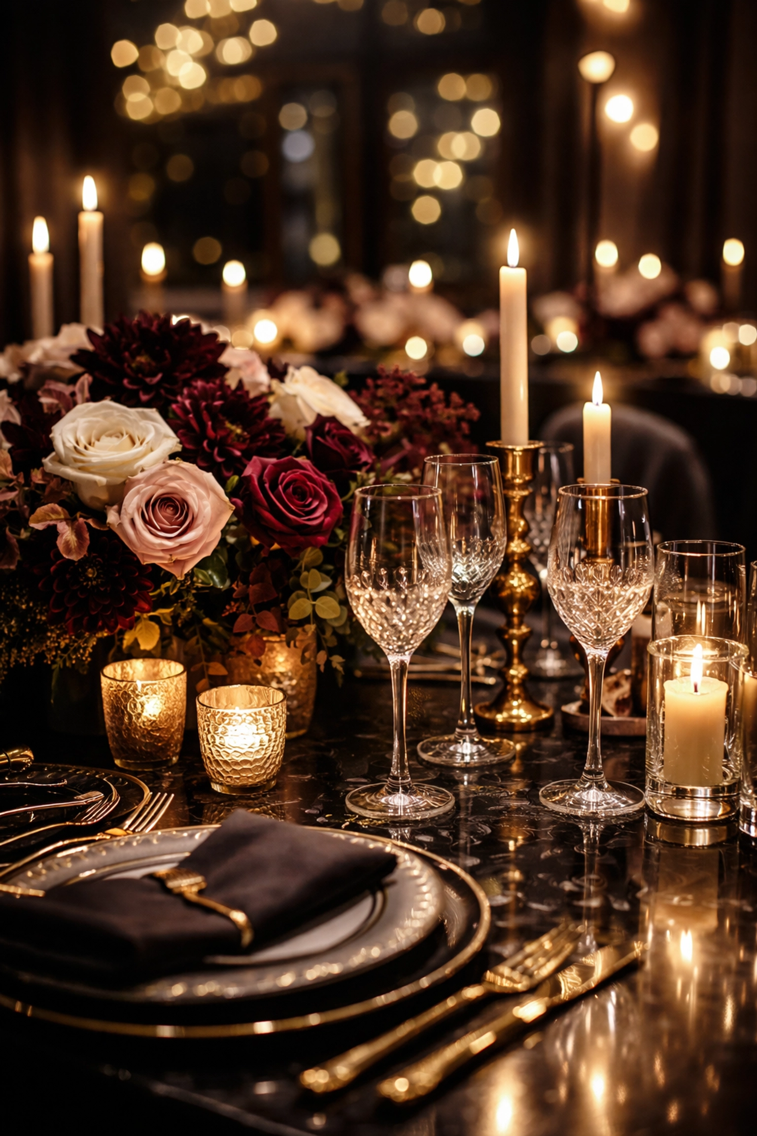 Luxury event tablescape with crystal glassware, candlelight, and floral arrangements