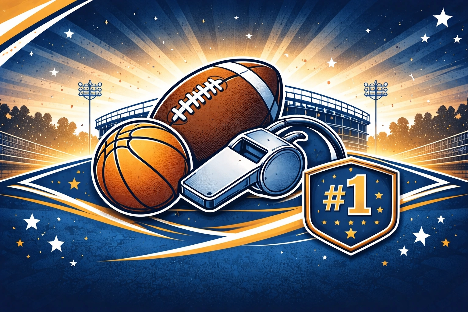Flat sports equipment icon graphic (football, basketball, whistle) with a bold #1 badge, illustrating youth sports fundraising impact