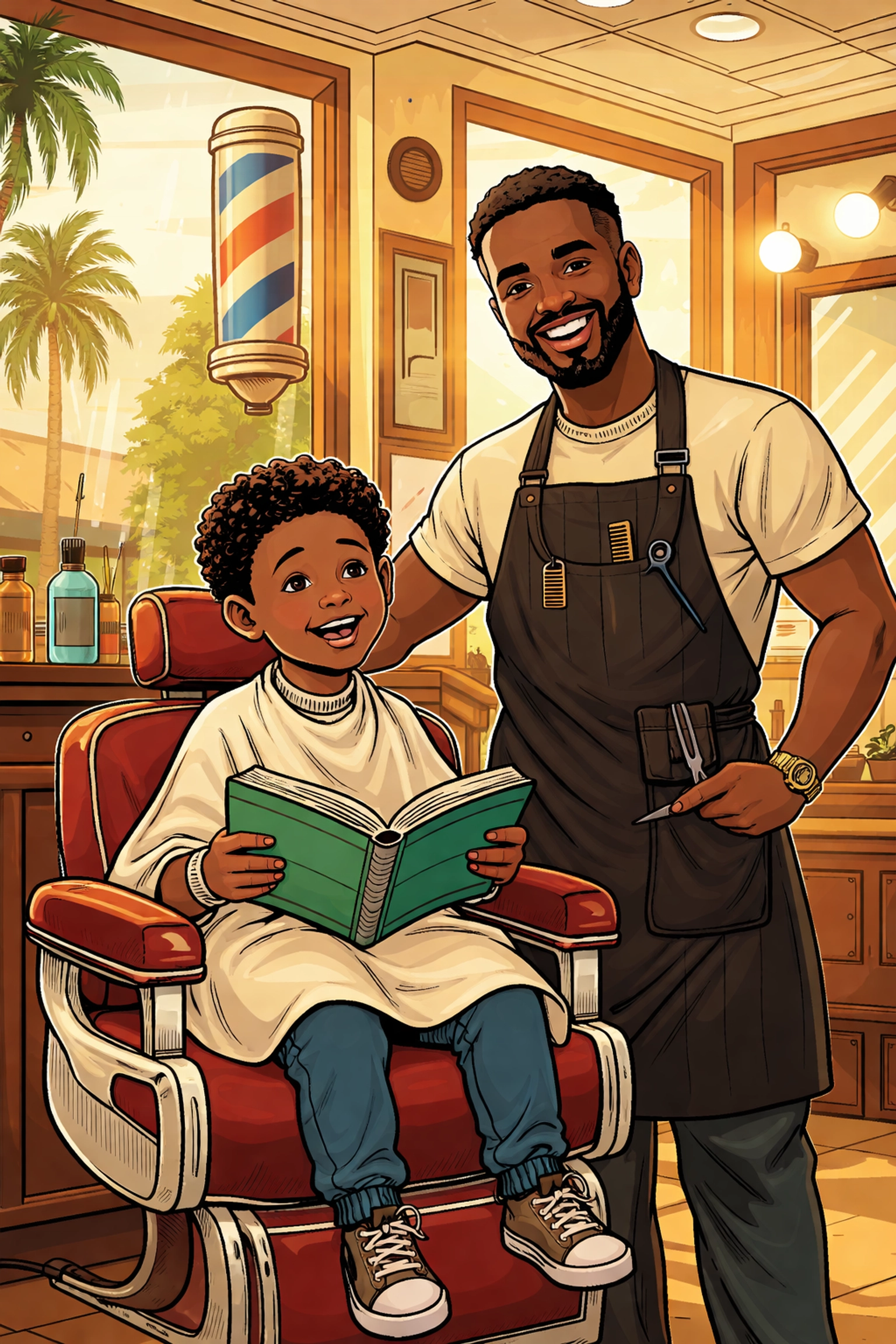 Comic-style illustration of a Black boy reading a book in a St. Petersburg barbershop, highlighting trusted community spaces literacy in Pinellas County.
