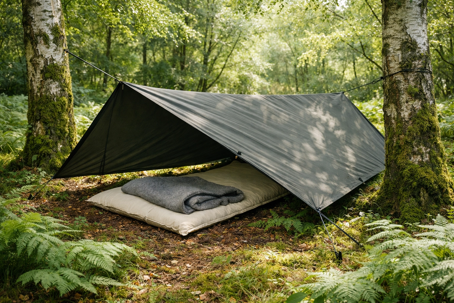 Minimalist tarp shelter pitched in a lush UK forest for a wild camping adventure.