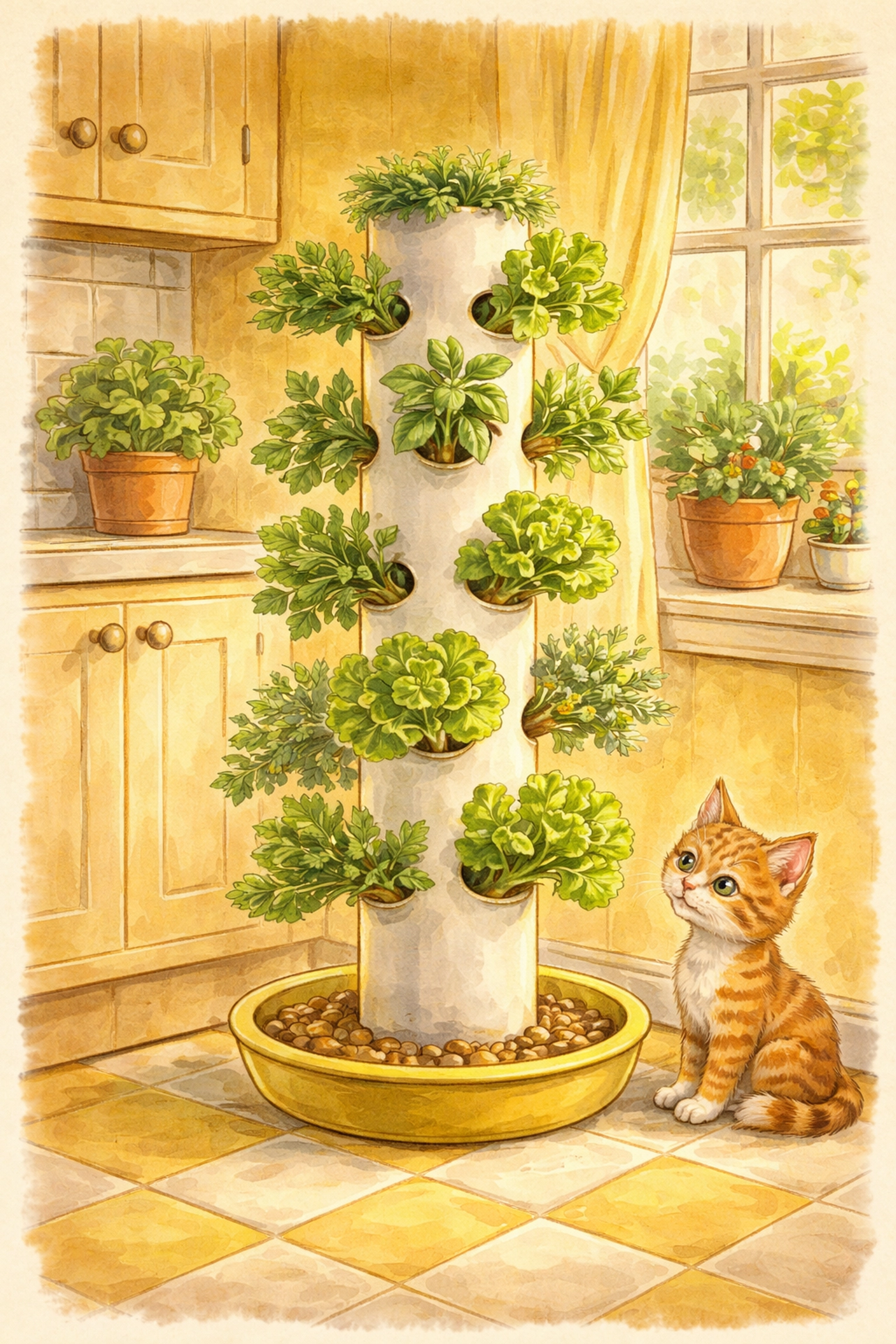 Hand-drawn illustration of a sunny kitchen with a PVC pipe tower garden growing lettuce and herbs, showcasing vertical gardening indoors.
