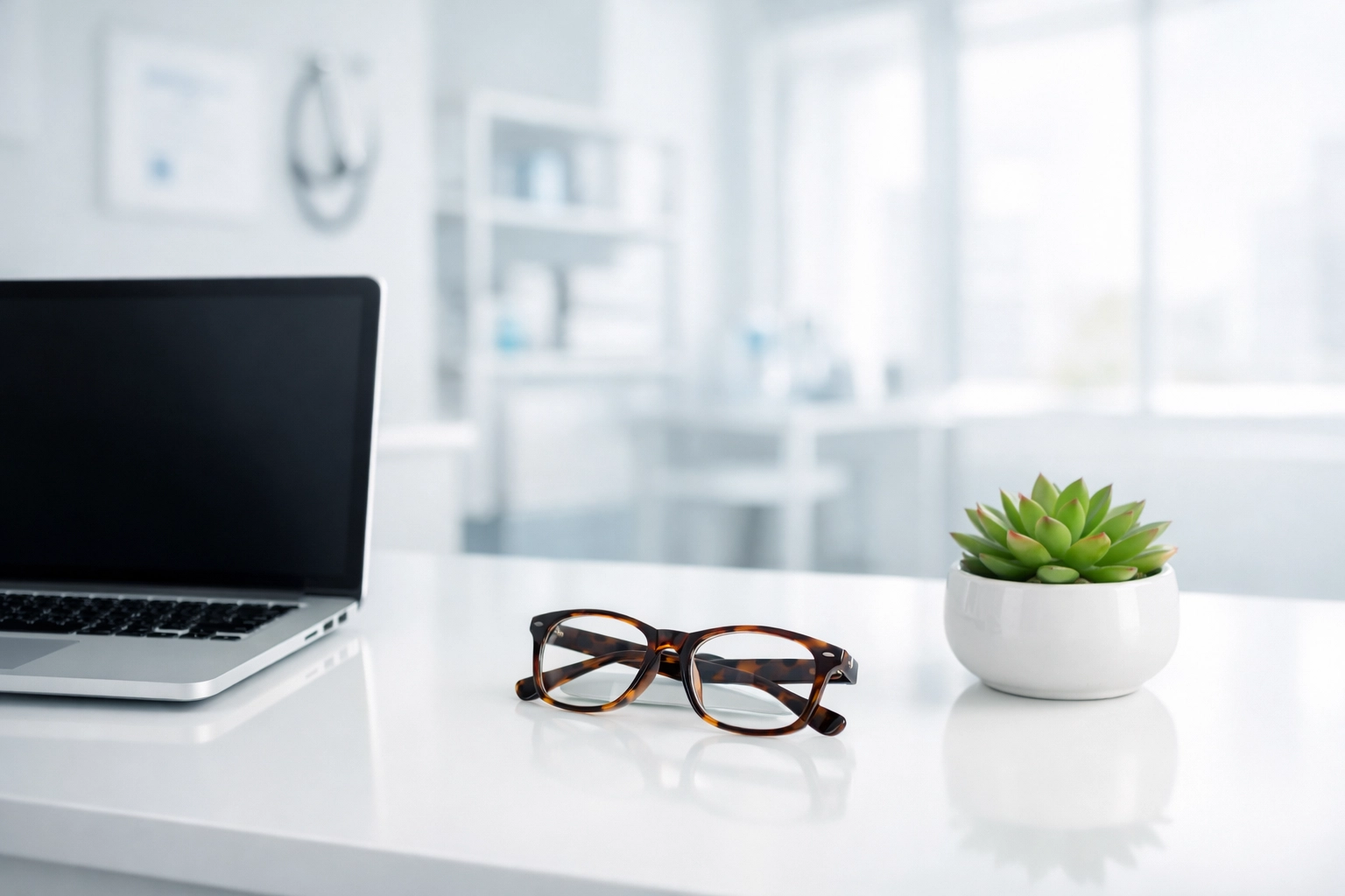 Professional clinical desk setup representing organized optometry revenue cycle management services.