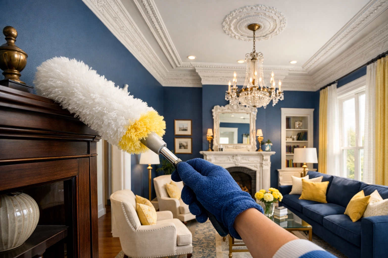 Professional maid services Worcester dusting high shelves in a clean Victorian living room.