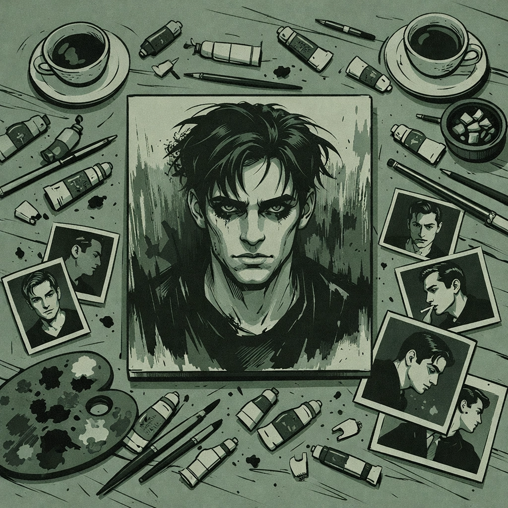 Artist's obsessive workspace with male portrait for gay psychological thriller story