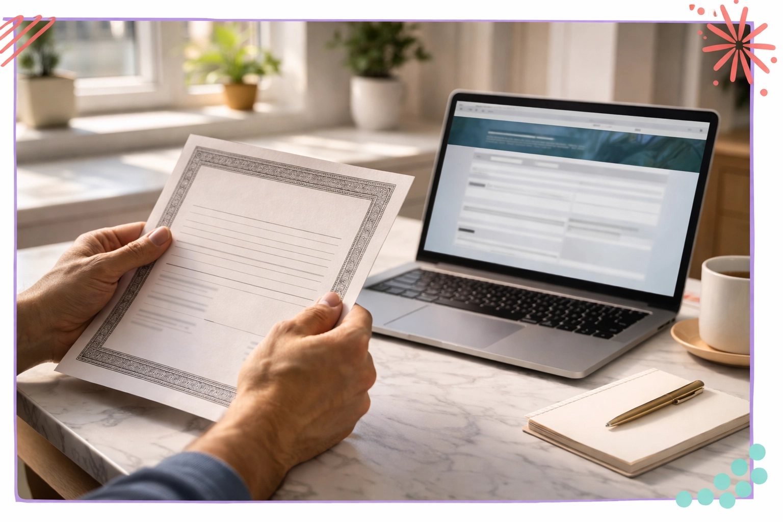 Hands holding a property deed and using a laptop to check Los Angeles title details before selling an inherited house. Hands holding a property deed and using a laptop to check Los Angeles title details before selling an inherited house.