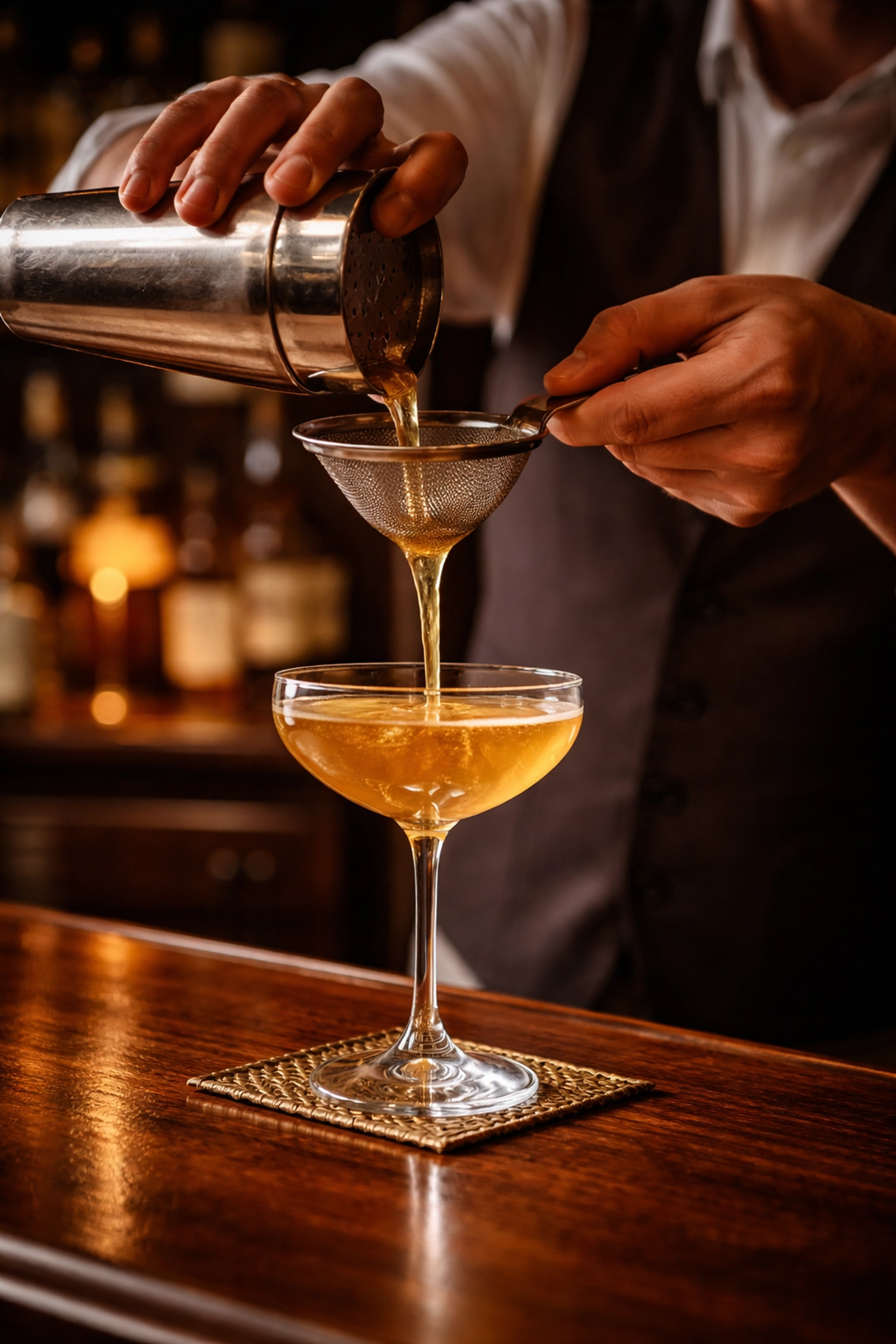 Bartender pouring signature cocktail into coupe glass, highlighting bartender staffing agency skill and TABC certification