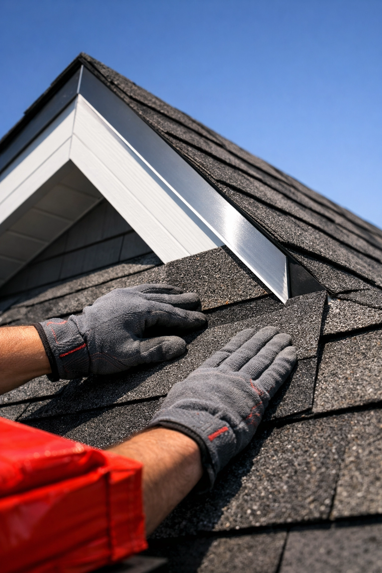 Professional residential roof repair in Salisbury, MD showing shingle installation near metal roof flashing.