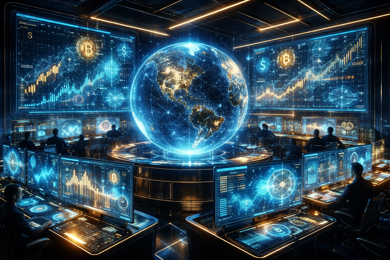 Futuristic financial control room showing global market data and analytics, illustrating active hedge fund strategies in 2026.