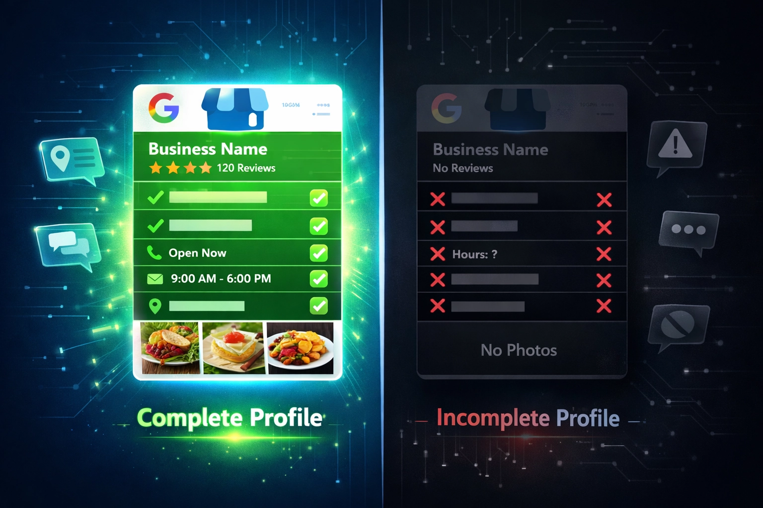 Complete vs incomplete Google Business Profile comparison showing optimization best practices