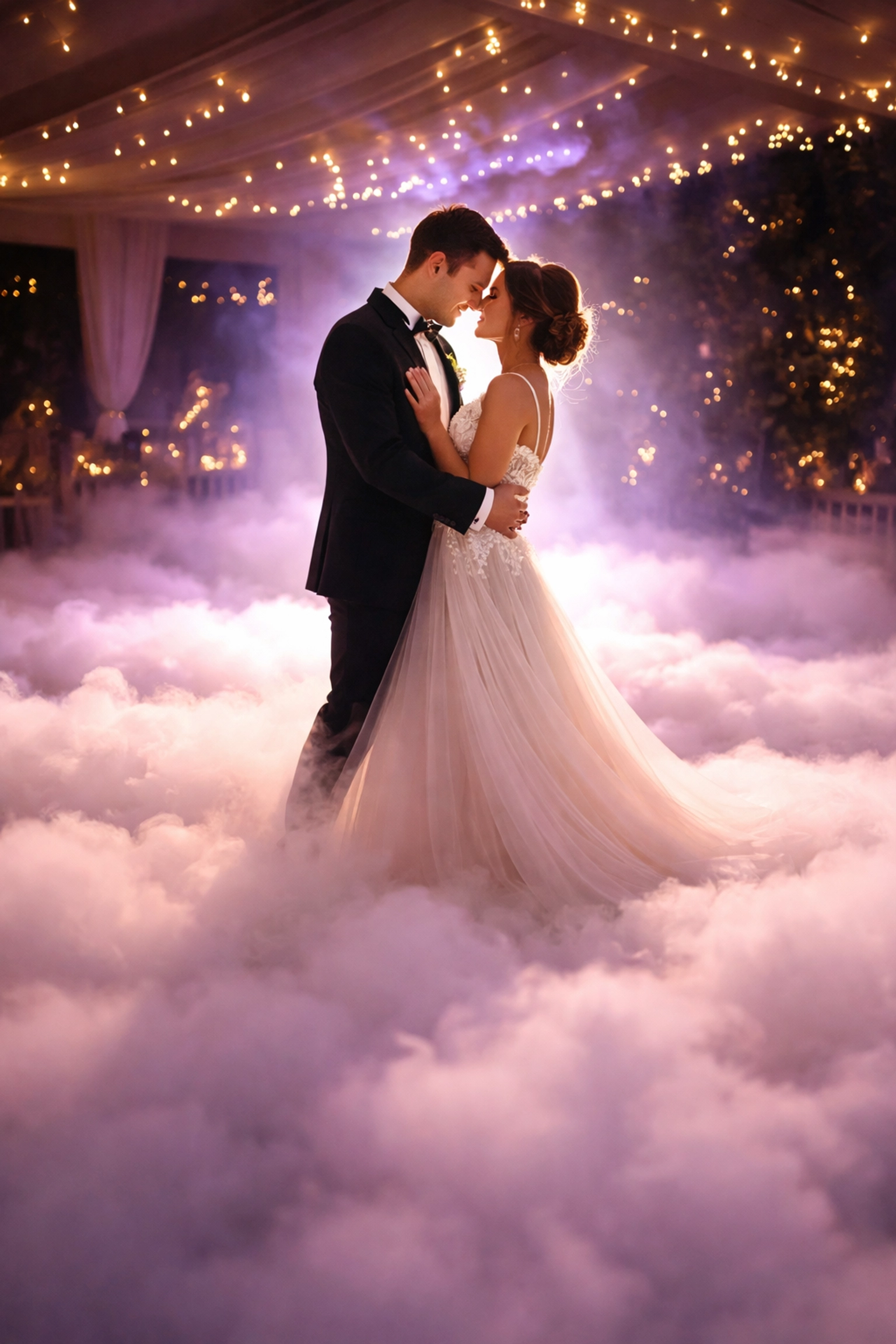 Bride and groom sharing their first dance on a cloud-like fog-filled dance floor, highlighting the romantic dancing on the clouds effect.