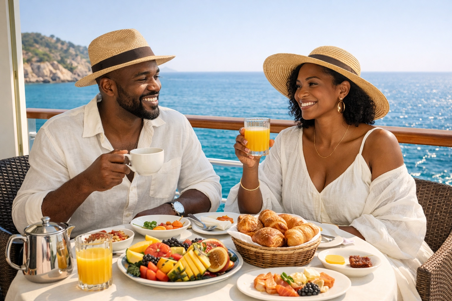 A Black couple enjoys breakfast on a luxury cruise balcony, taking advantage of all-inclusive cruise deals.