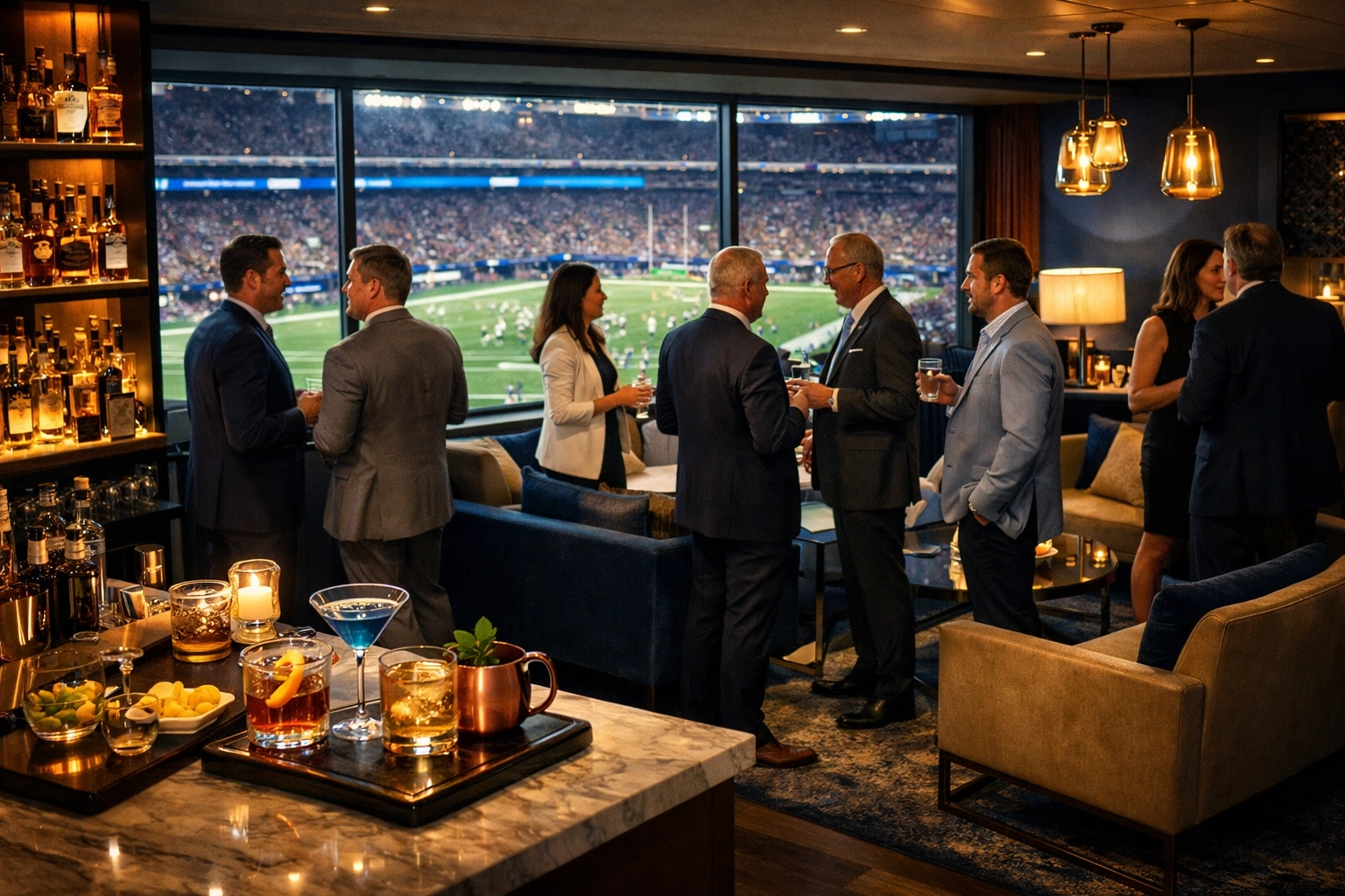 Super Bowl corporate suite with executives networking during premium hospitality event