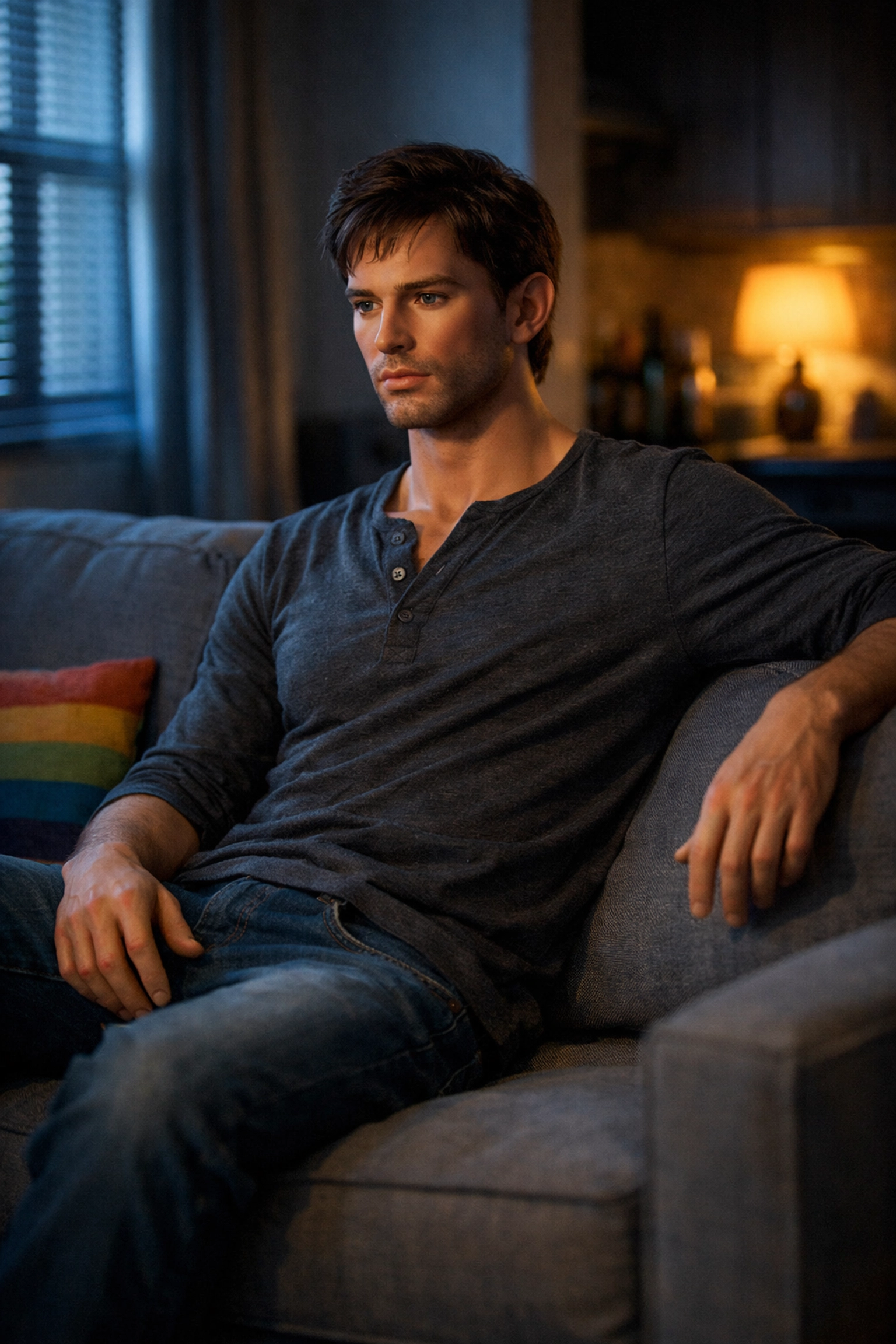 Silicone male companion sitting alone in dimly lit apartment illustrating gay men finding companionship