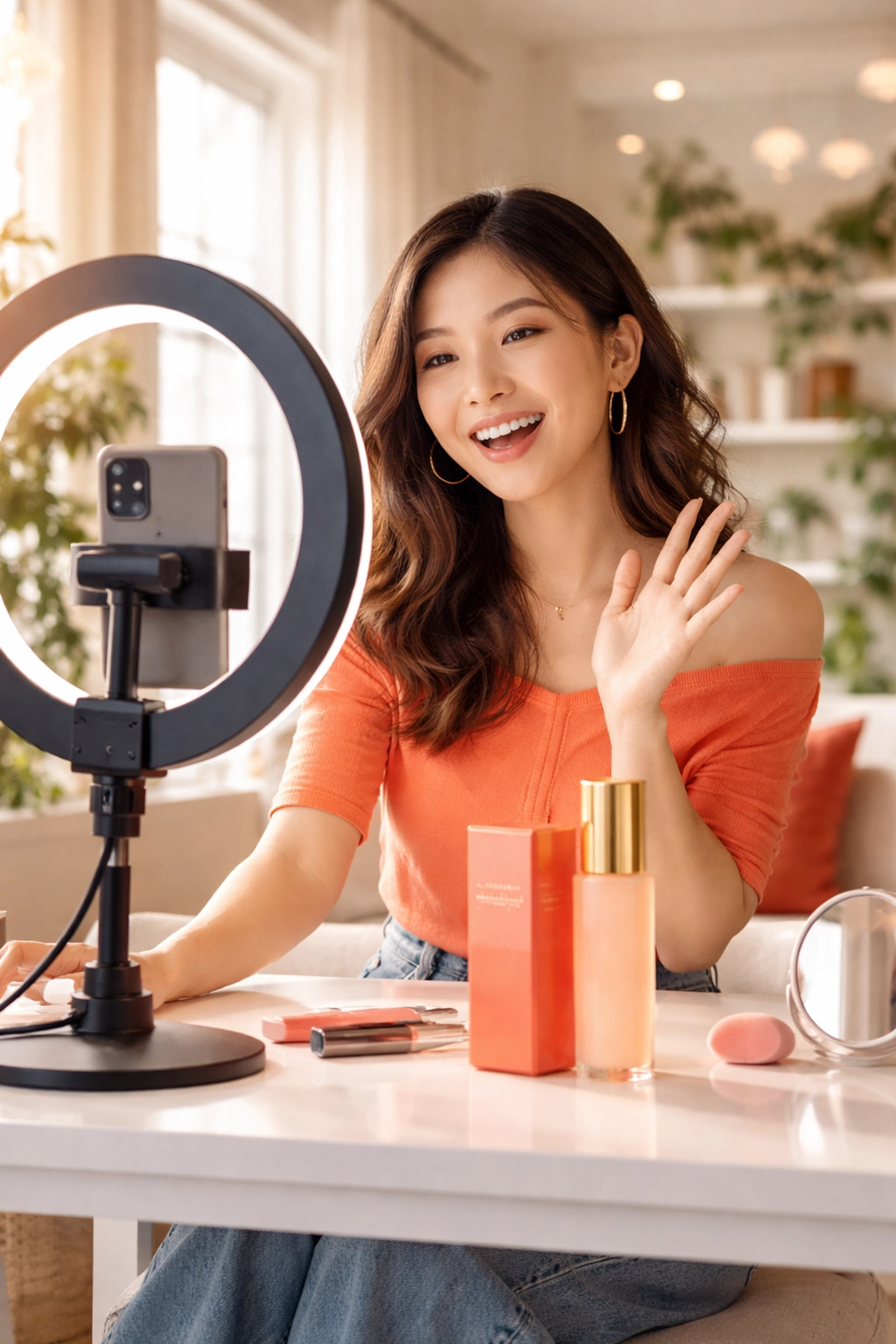 Jeune créatrice de contenu utilisant un smartphone et lumière annulaire pour promouvoir un produit de marque sur Instagram