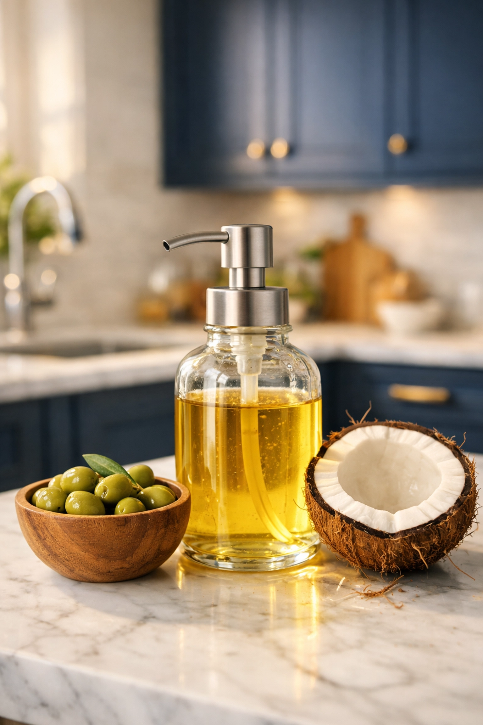 Natural liquid Castile soap in a kitchen dispenser with eco-friendly ingredients like olives and coconut.