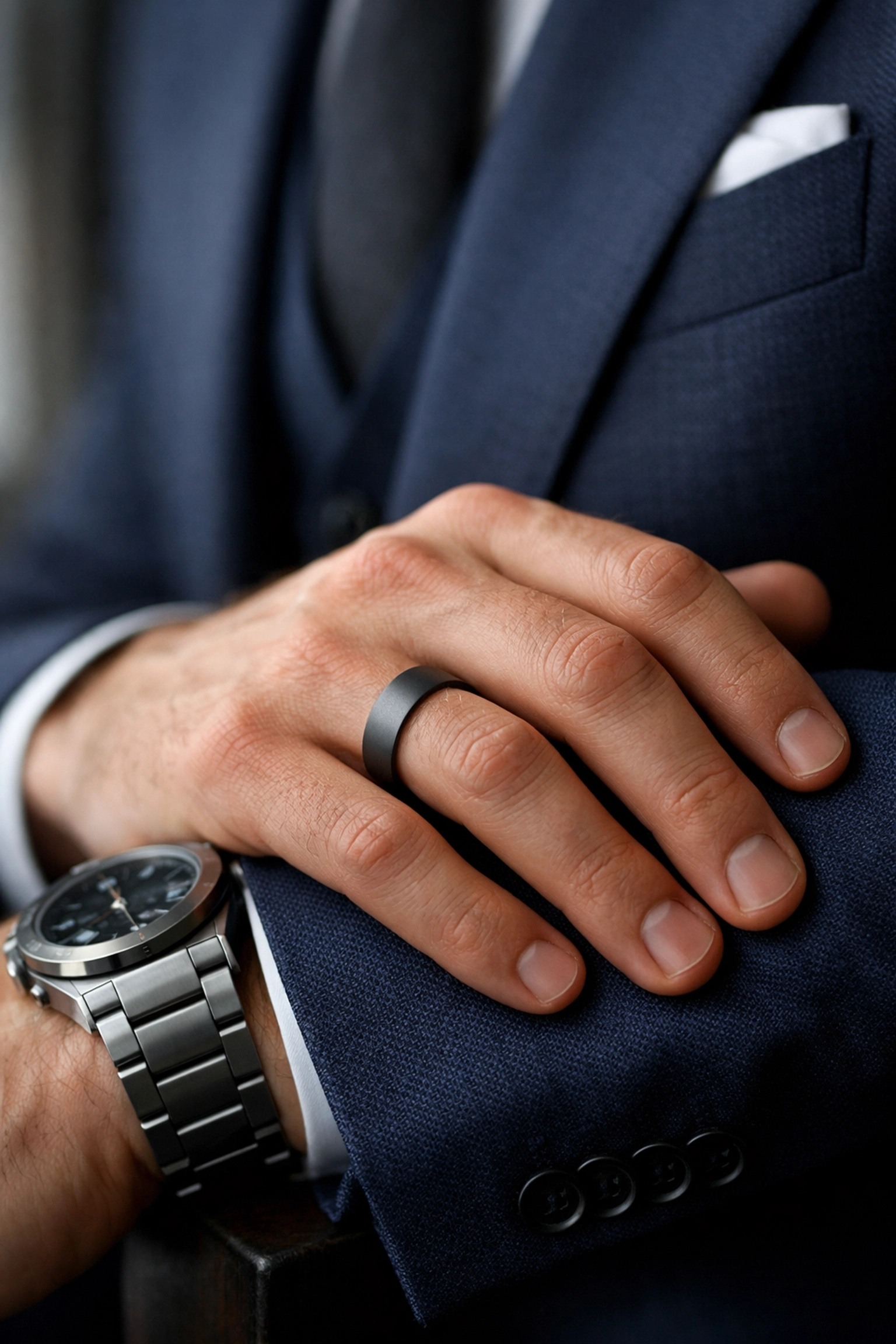 Groom wearing a matte finish Tantalum wedding band paired with a navy suit and titanium watch.