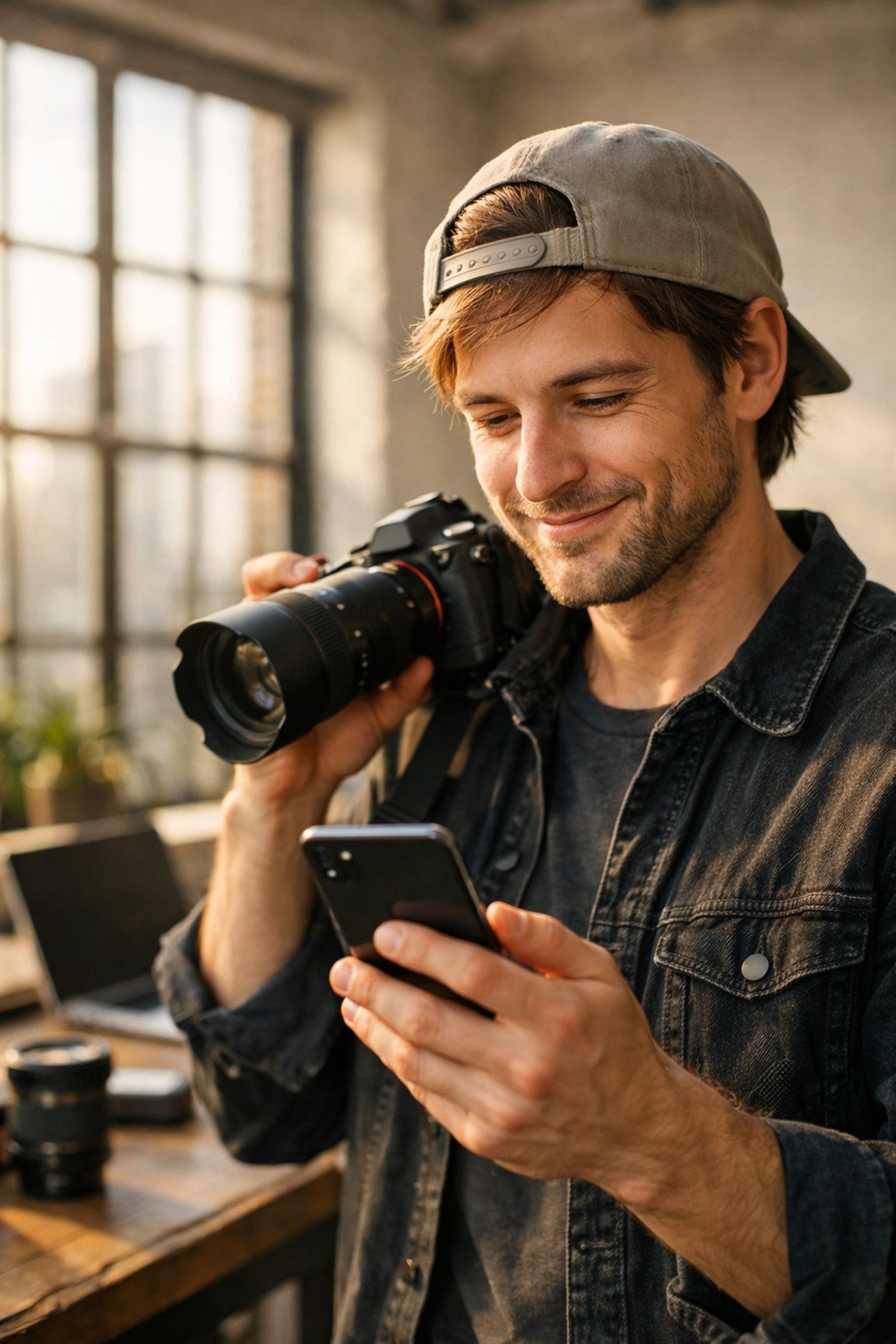 A professional photographer in a sunlit studio checking new photography gigs on a smartphone.