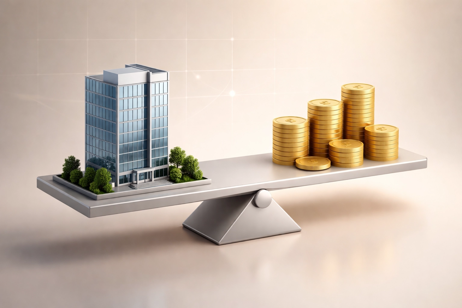 Office building and coins balanced on scales representing business valuation in Florida divorce