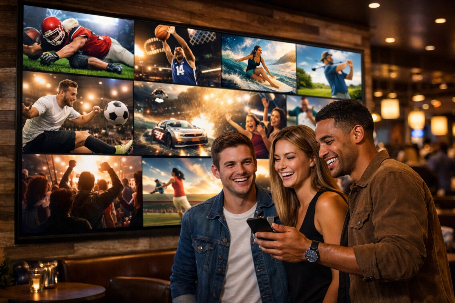 Interactive sports lounge digital video wall showcasing social media integration and audience engagement.