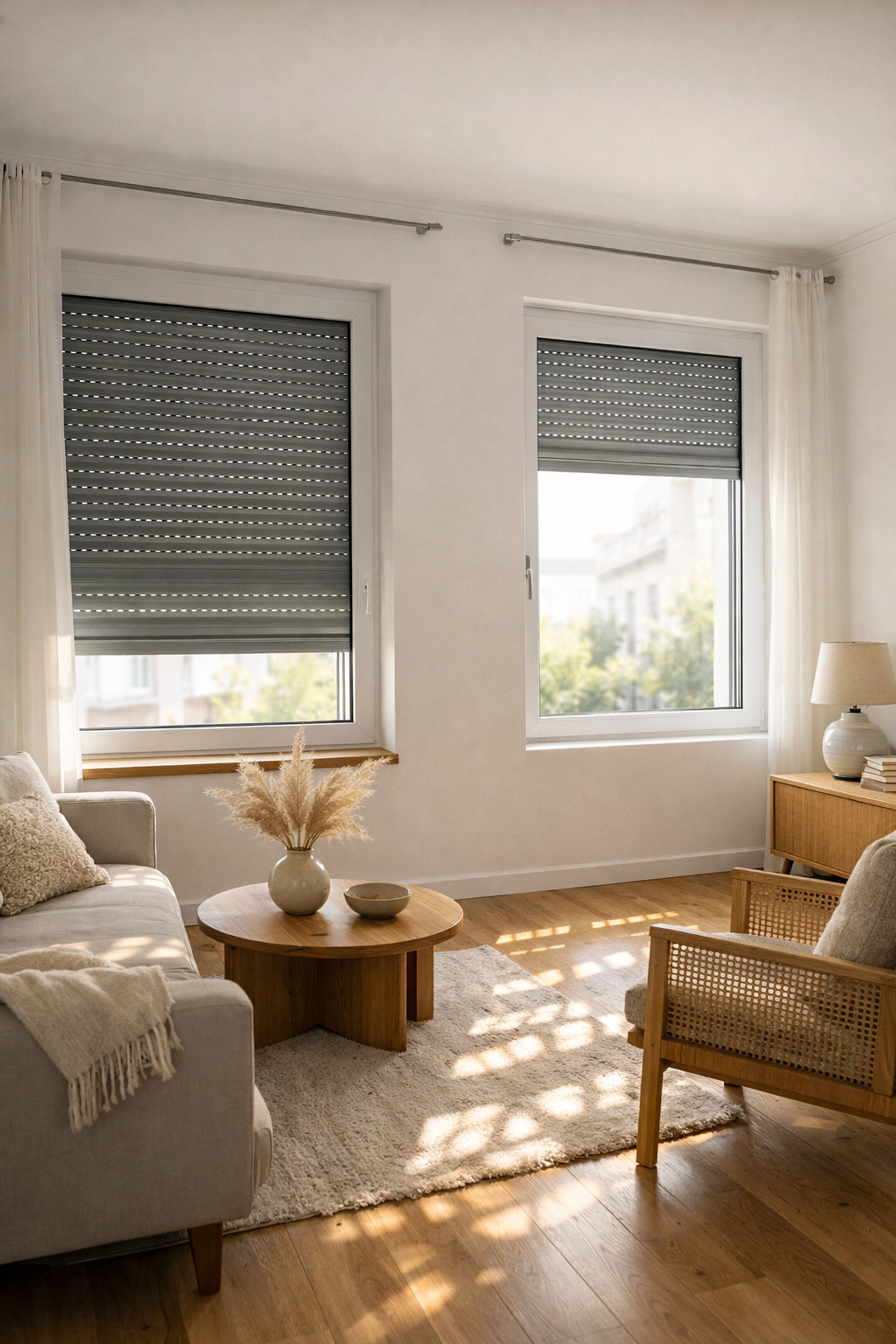 Rollläden steuern Tageslicht im Wohnraum für natürliche Beleuchtung und Energieeffizienz