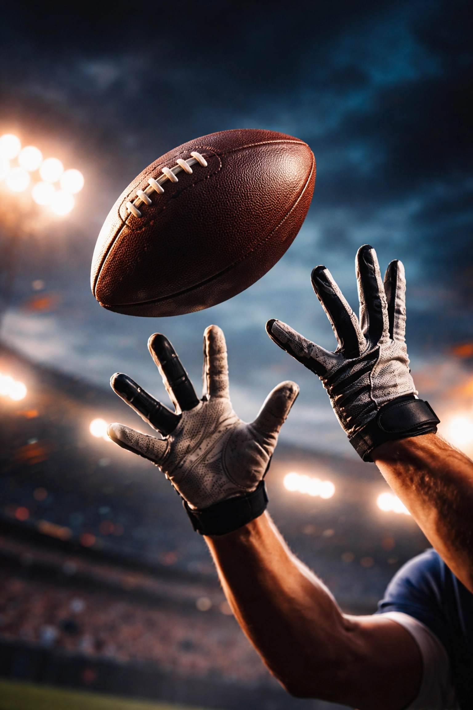 Close-up of young football receiver catching a spiral under stadium lights, showing catching fundamentals in action