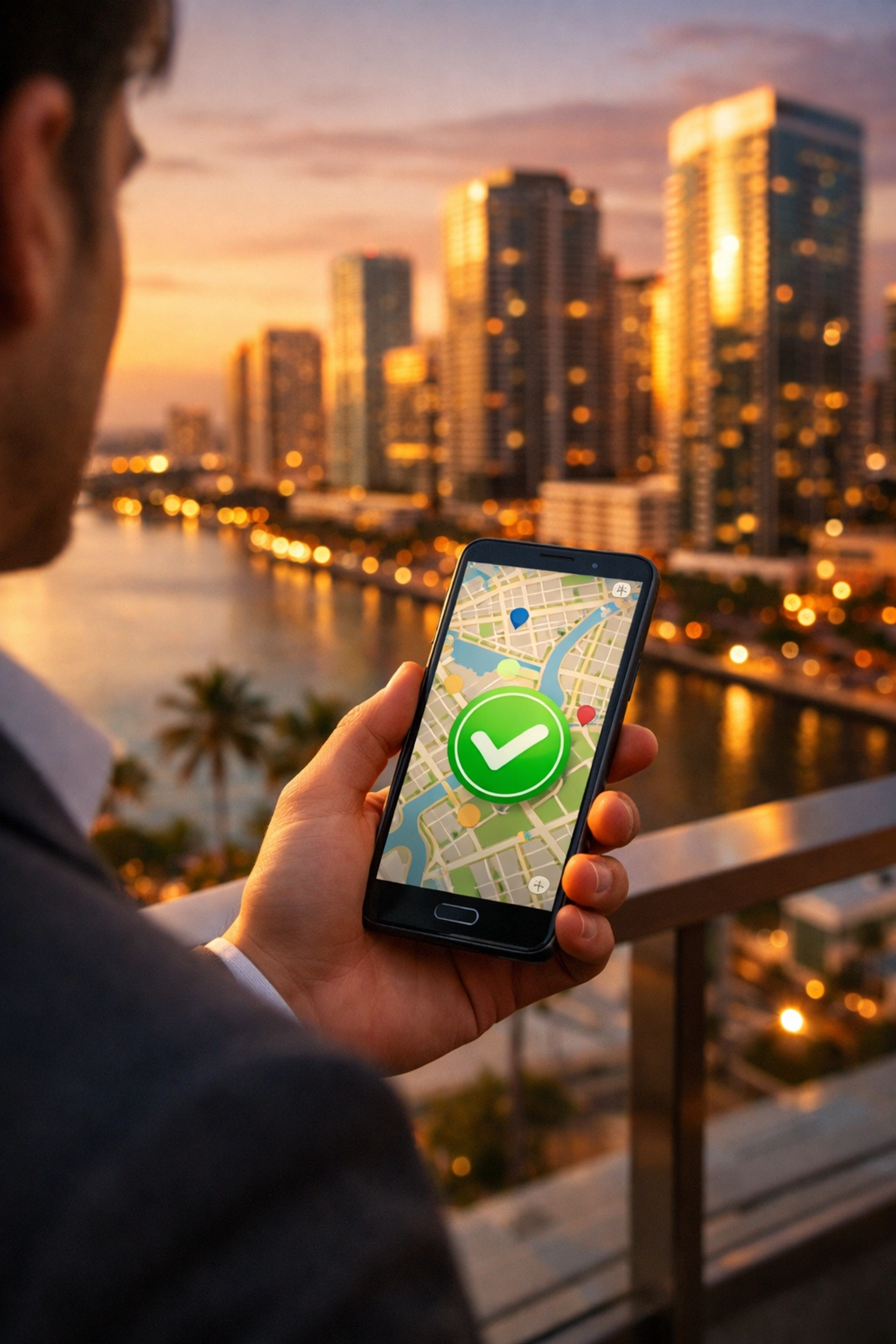 A professional using a smartphone map to find a local Florida business with a Miami city skyline background.