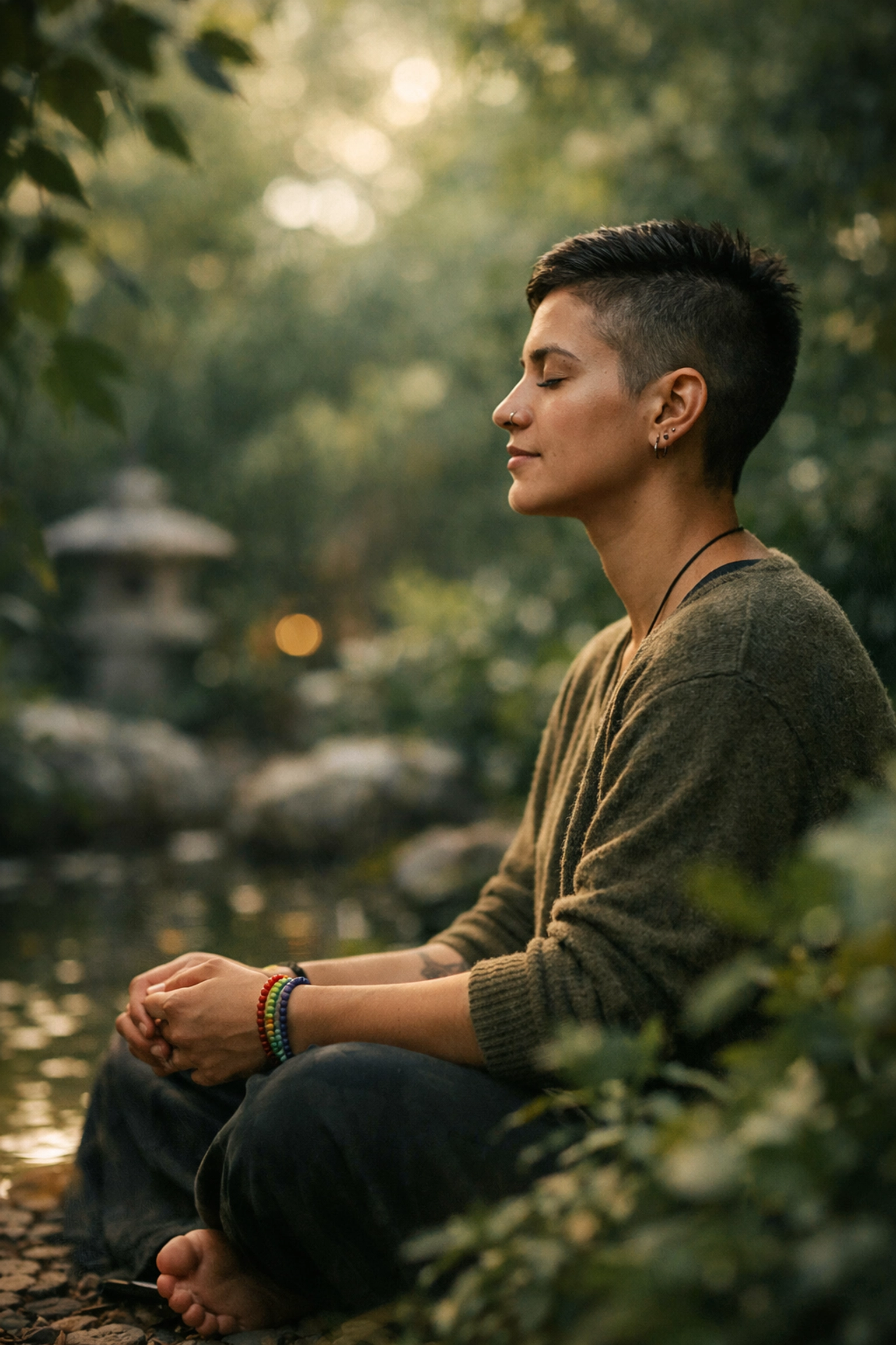 LGBTQ+ person practicing mindfulness and self-care in peaceful garden setting