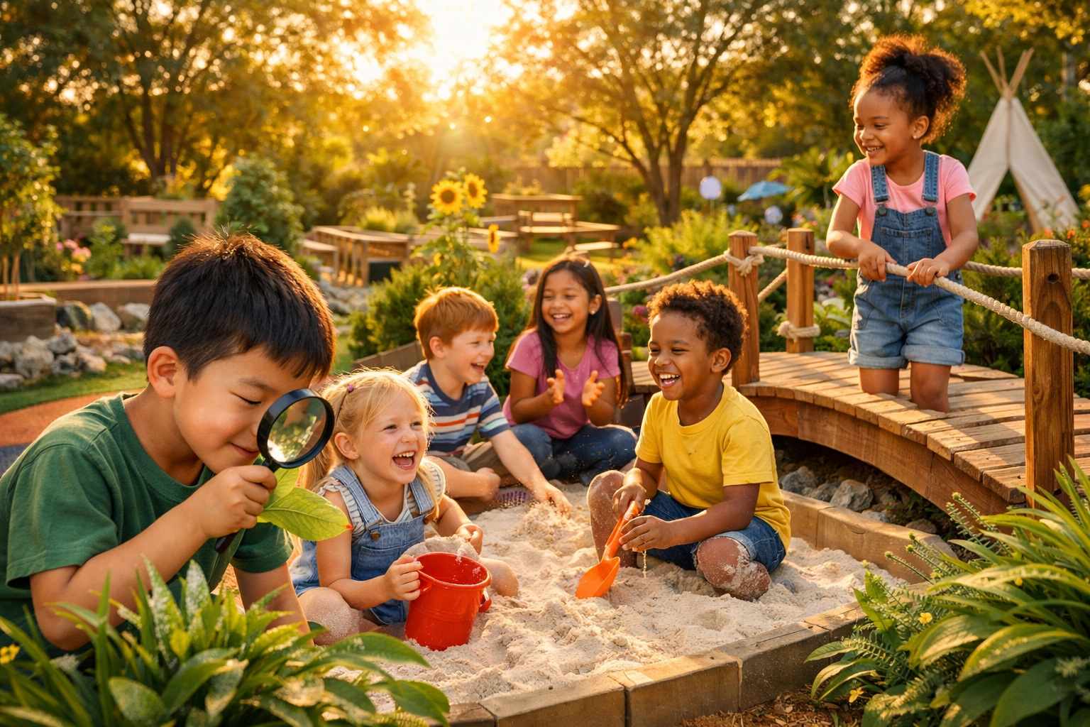 Children exploring an outdoor discovery garden in a safe, high-quality childcare environment in Liverpool and Prestons.
