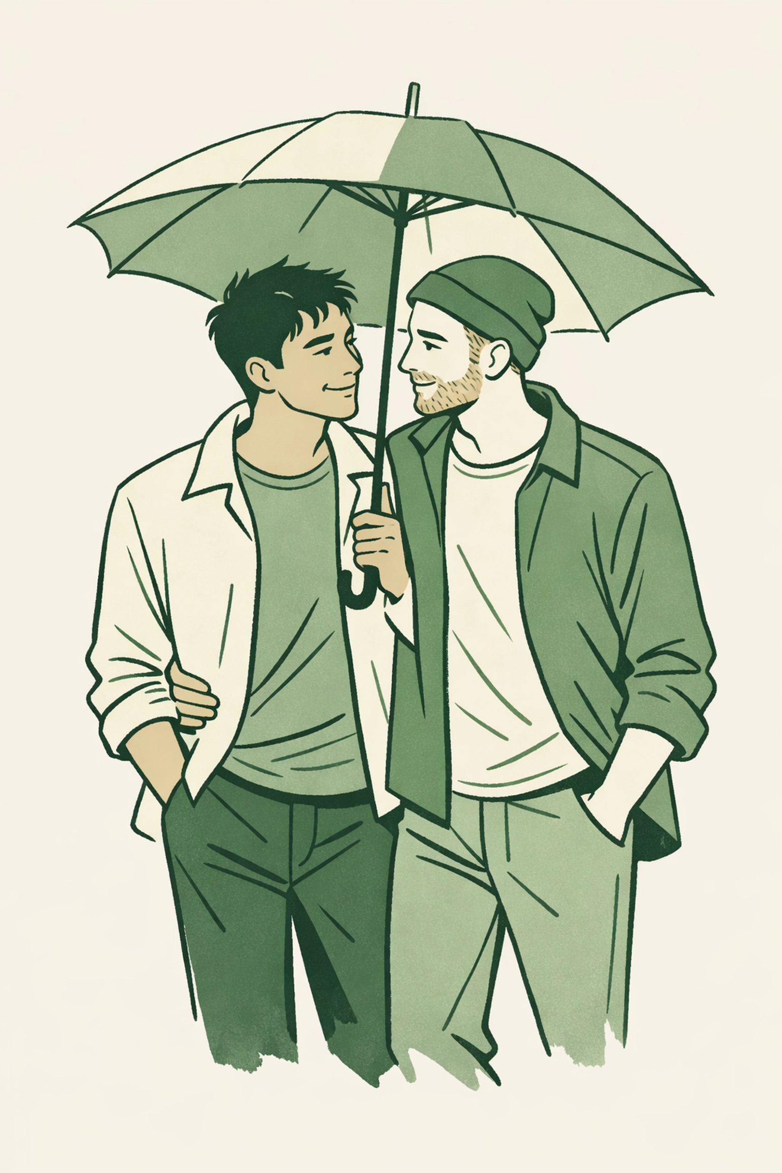 A gay couple walks together under an umbrella in a modern hand-drawn MM romance illustration.