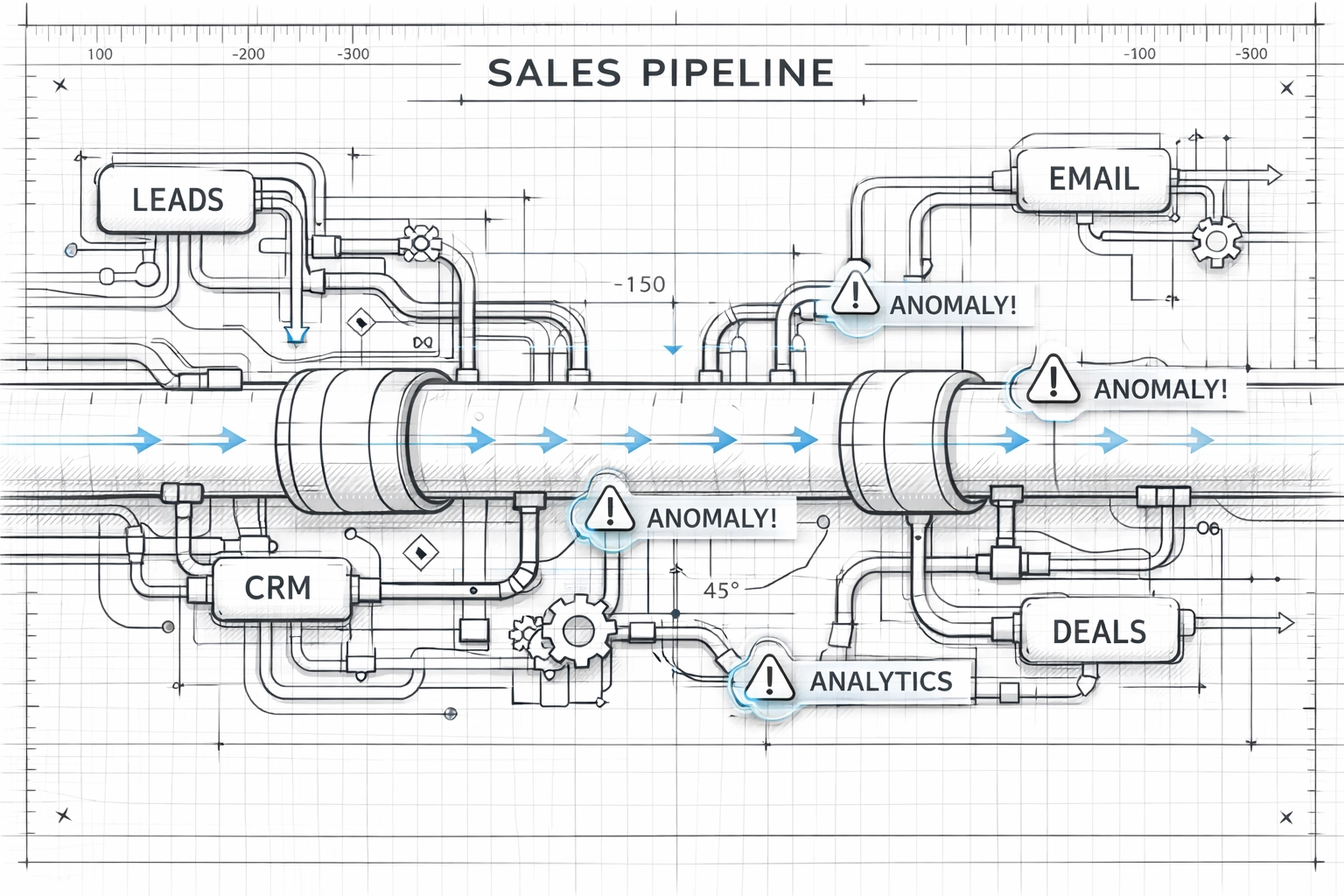 Automated sales pipeline network showing data flow and self-healing capabilities