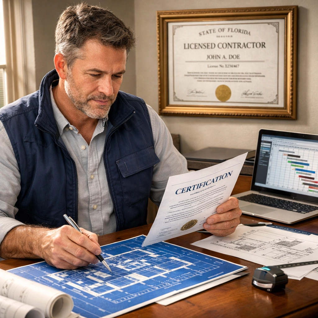 Orlando kitchen remodeling contractor reviewing blueprints and certifications in professional office
