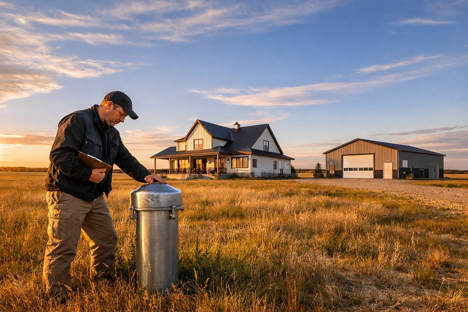 Professional home inspector checking the well-head and exterior systems during an Alberta acreage inspection.