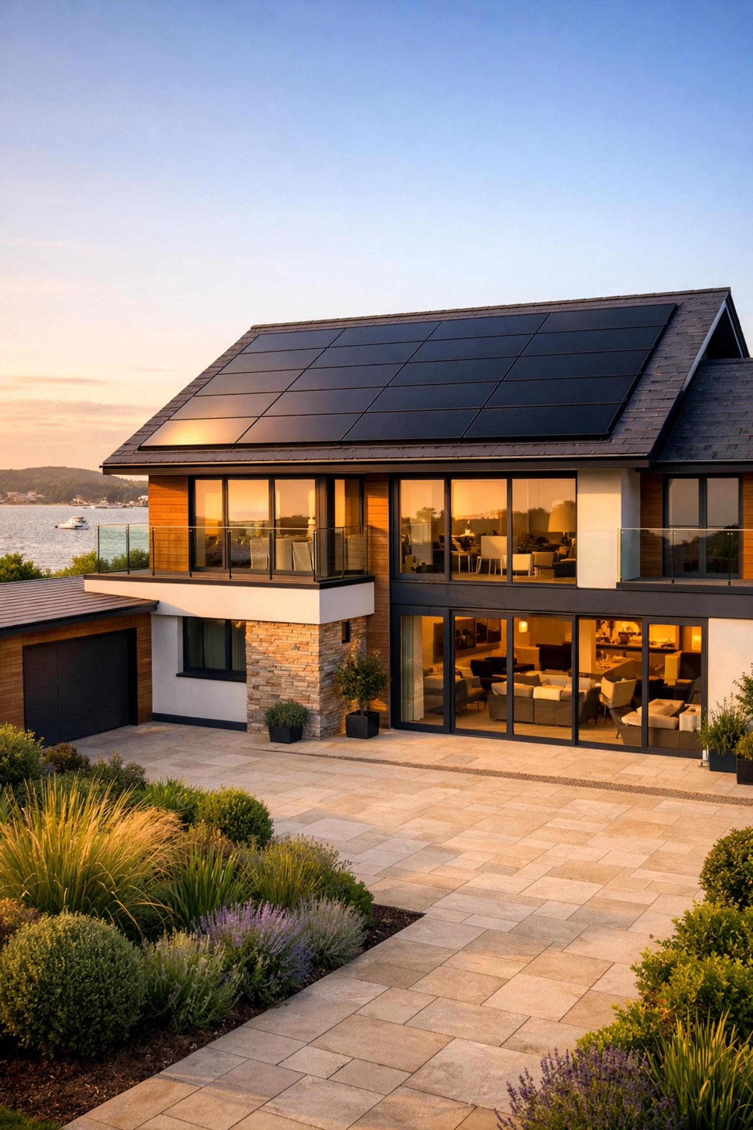 Modern residential home in Poole featuring sleek solar panels to boost property value.