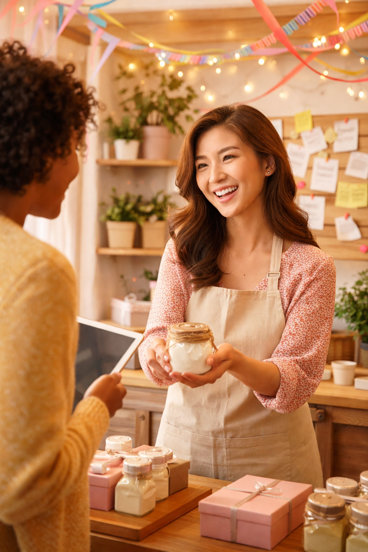 Local shop owner celebrates with a happy customer, showing genuine business connection.