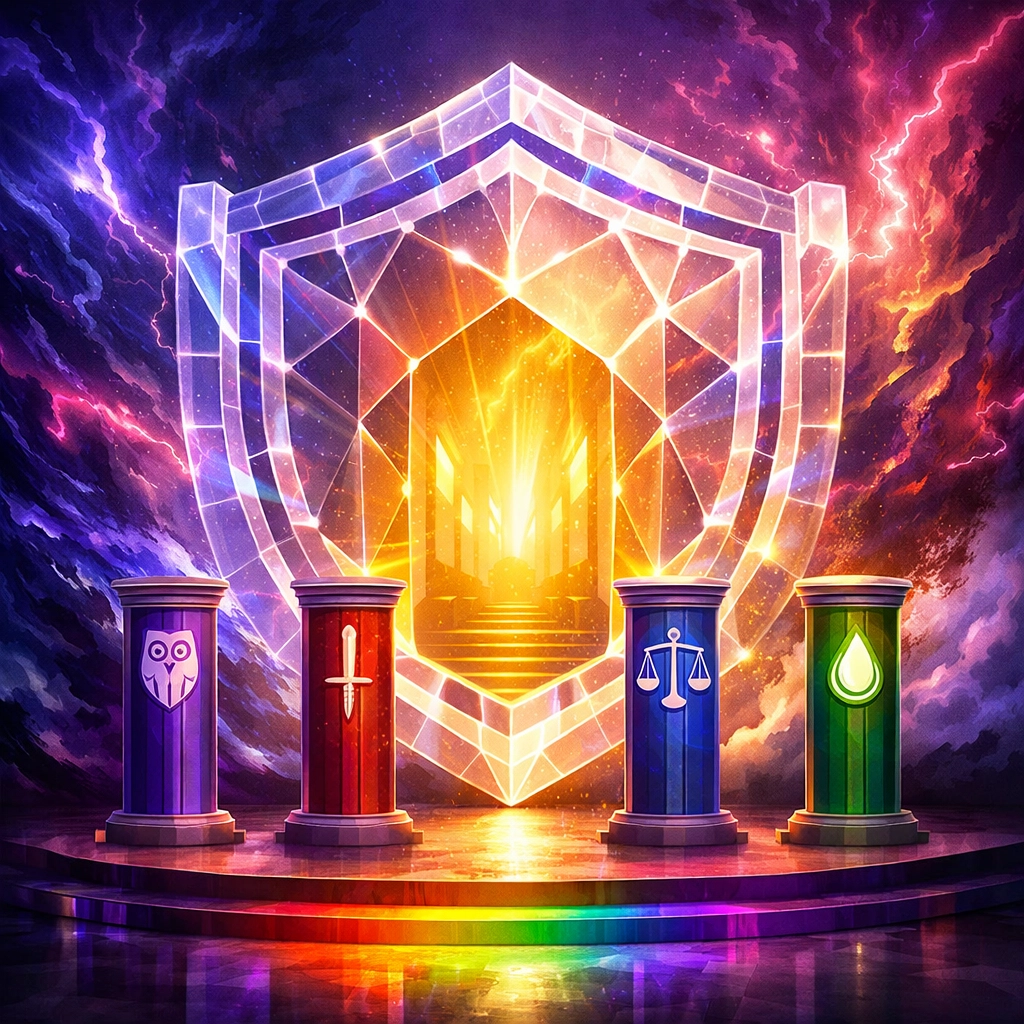 Stoic philosophy protective gate with pillars representing wisdom courage justice temperance