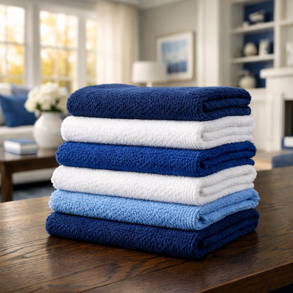 Color-coded cloths ensuring hygienic residential cleaning Massachusetts standards in luxury Dover homes.