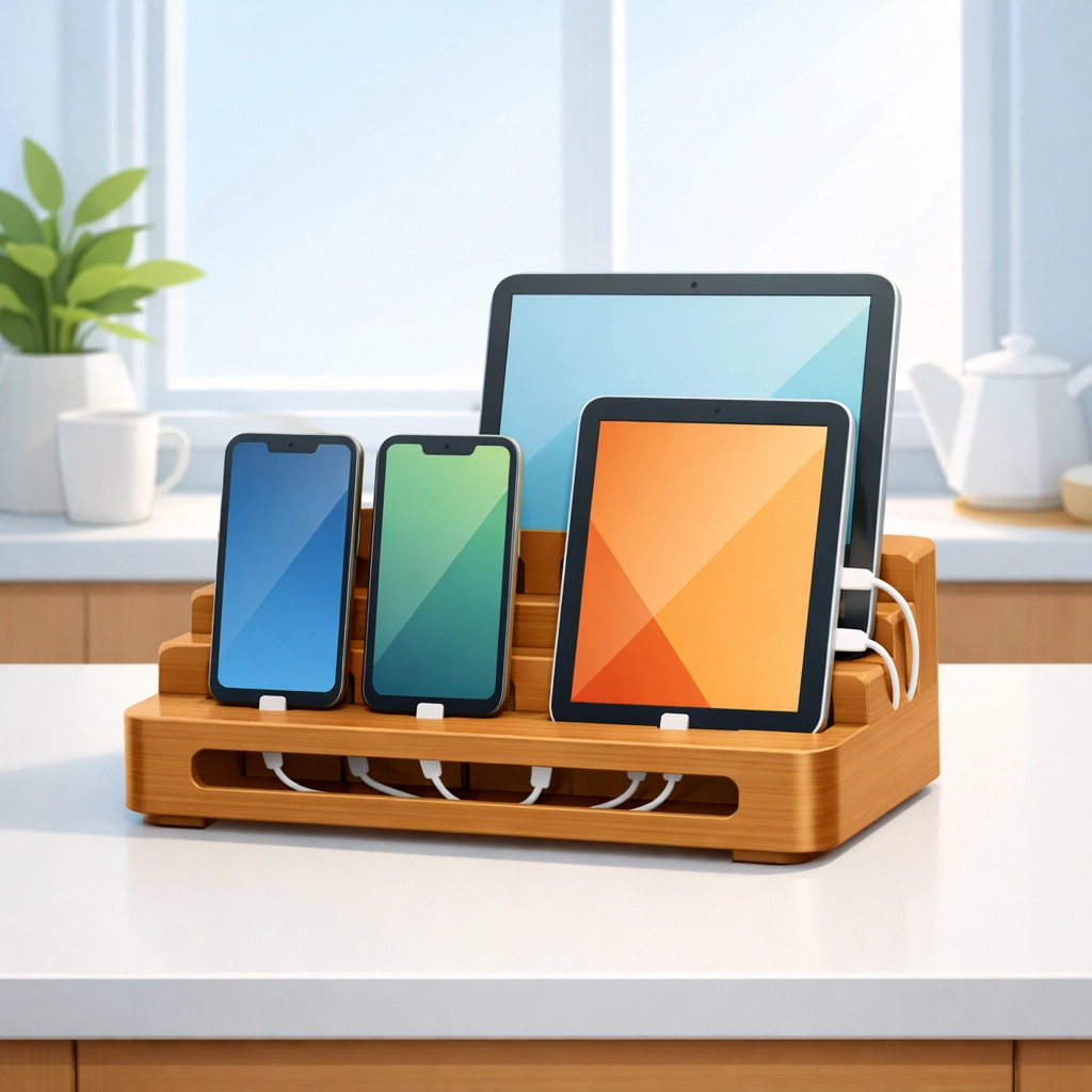 Kitchen charging station organizing family devices in common area for tech boundaries